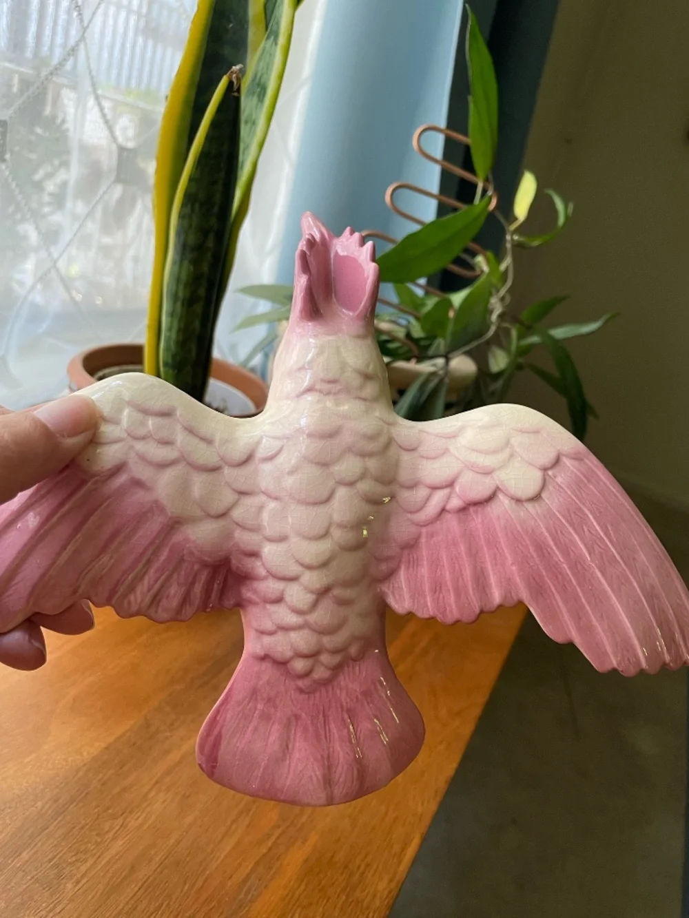 Wm Maddux California Pottery Pink Cockatoo on Stump with Magnolia Flower (broken